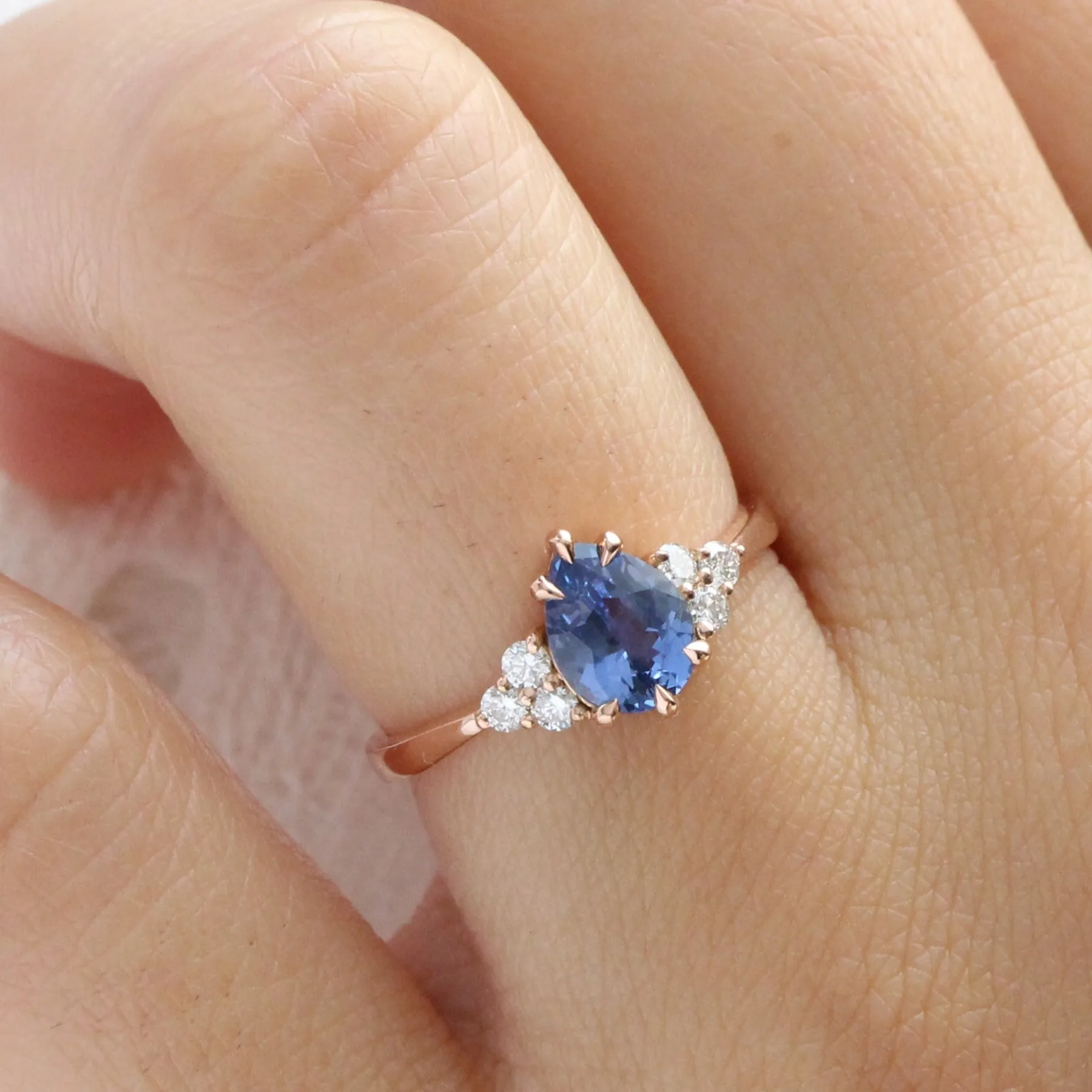1.34 Ct Pear Ceylon Blue Sapphire Ring in 14k Rose Gold 3 Diamond Ring, Size 6.25