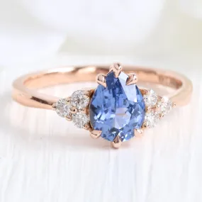 1.34 Ct Pear Ceylon Blue Sapphire Ring in 14k Rose Gold 3 Diamond Ring, Size 6.25