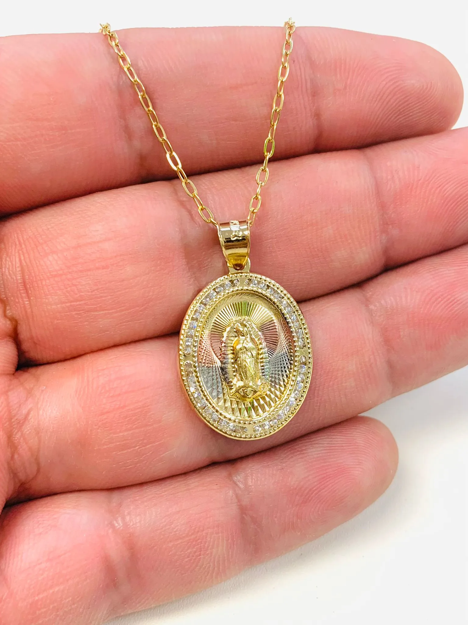 14K Gold Filled CZ Virgen de Guadalupe Necklace/ Tri Color Guadalupe Pendant/ Everyday Necklace/ Women's Jewelry/ Cadena y Dije de Guadalupe Para Hombre y Mujer