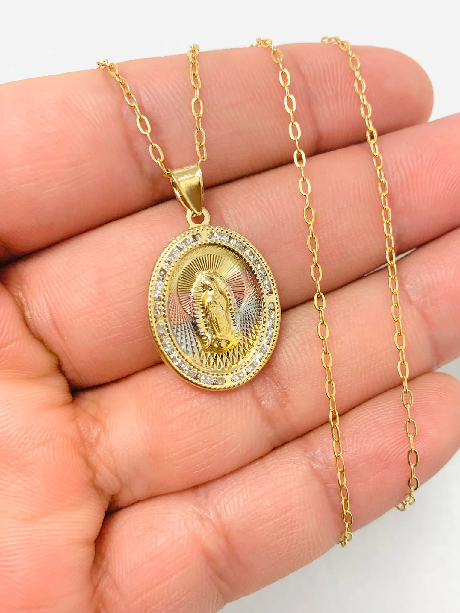 14K Gold Filled CZ Virgen de Guadalupe Necklace/ Tri Color Guadalupe Pendant/ Everyday Necklace/ Women's Jewelry/ Cadena y Dije de Guadalupe Para Hombre y Mujer
