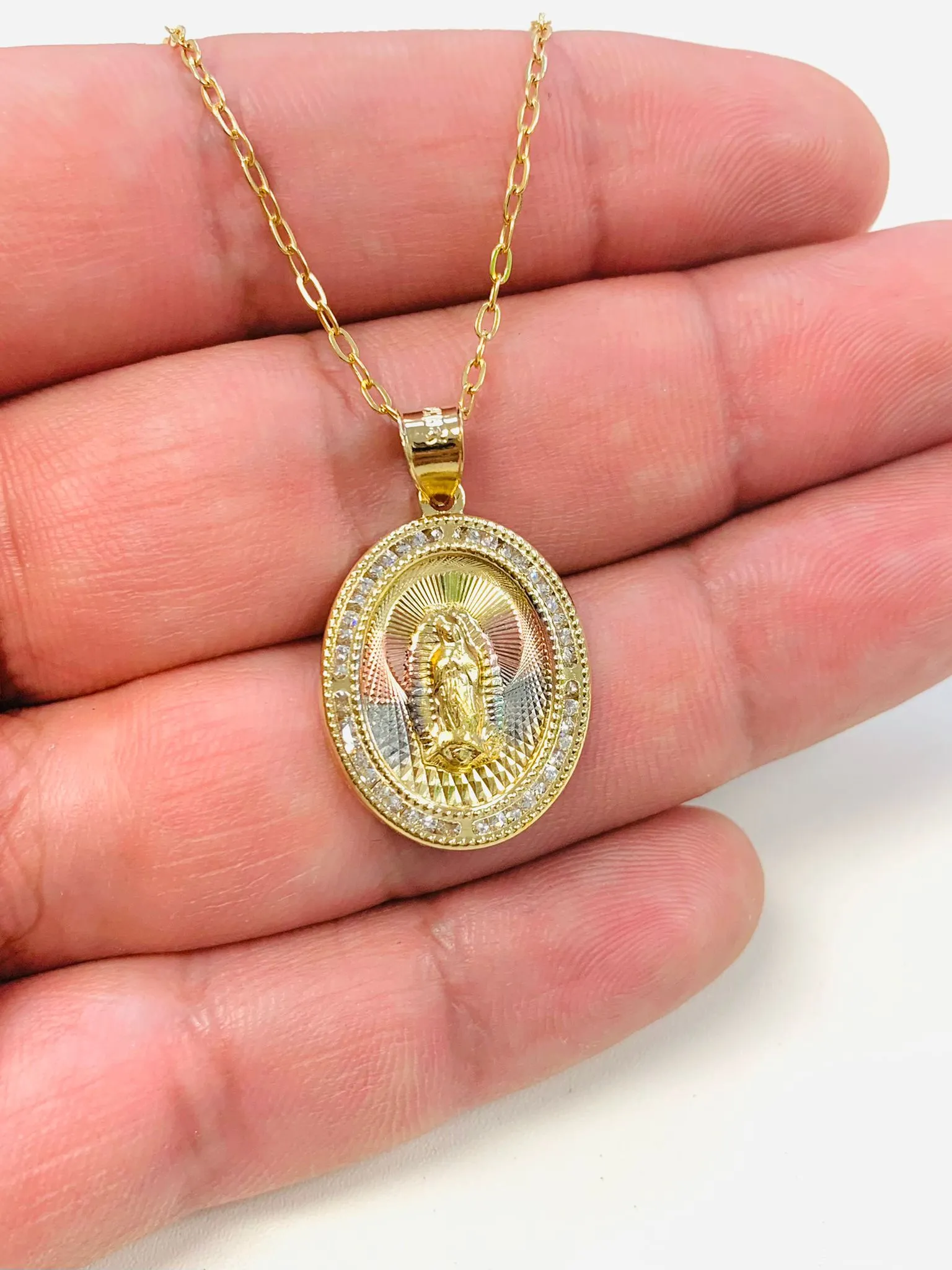 14K Gold Filled CZ Virgen de Guadalupe Necklace/ Tri Color Guadalupe Pendant/ Everyday Necklace/ Women's Jewelry/ Cadena y Dije de Guadalupe Para Hombre y Mujer