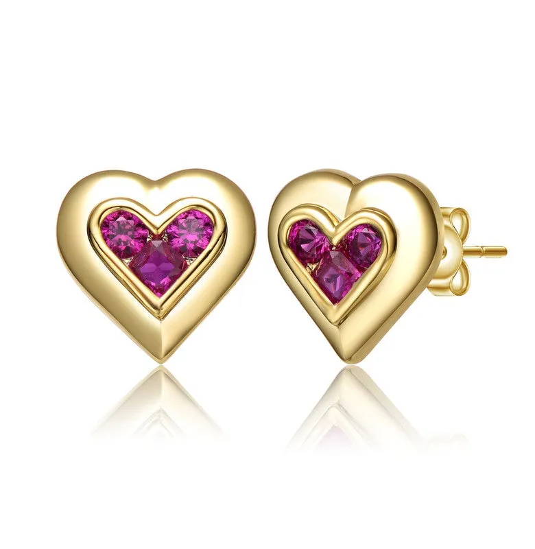 14k Gold Plated with Ruby Red Cubic Zirconia 3-Stone Cluster Heart Stud Earrings