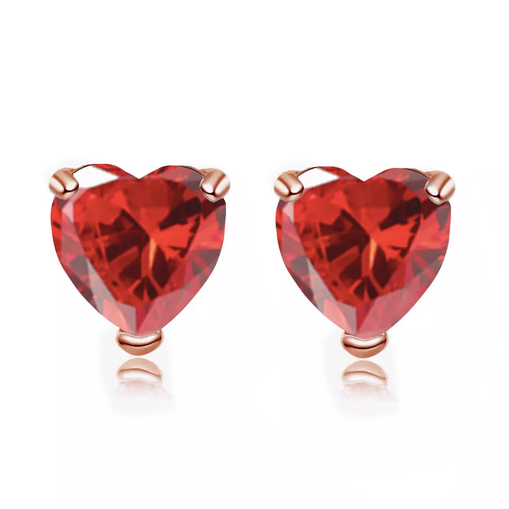 14k Rose Gold Plated 4 Carat Heart Created Ruby Stud Earrings