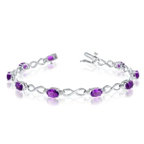 14K White Gold Oval Amethyst Stones And Diamonds Infinity Tennis Bracelet, 7"