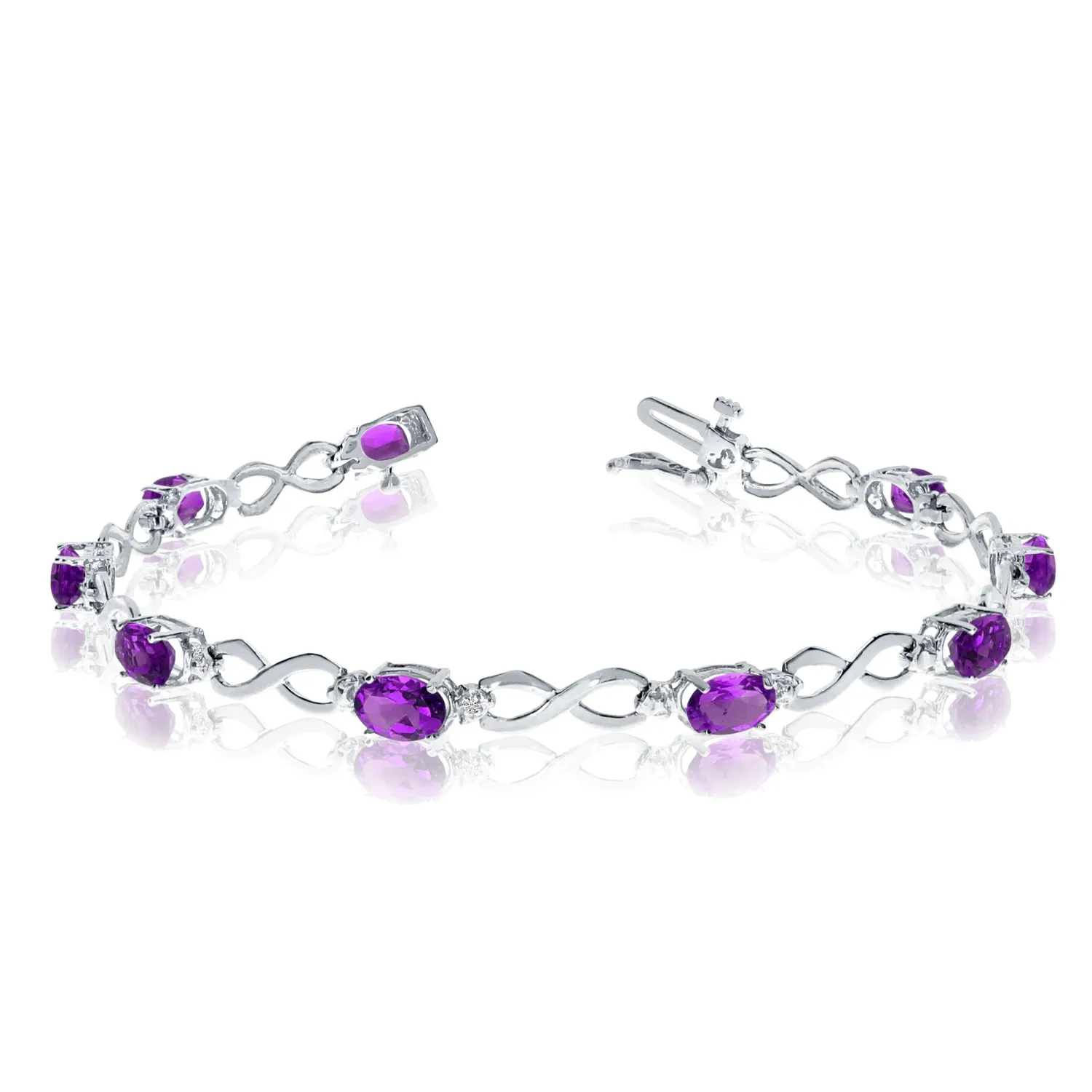 14K White Gold Oval Amethyst Stones And Diamonds Infinity Tennis Bracelet, 7"