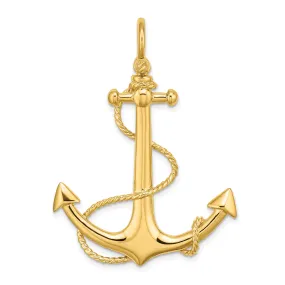 14K Yellow Gold Polished Finish 3-Dimensional Large Anchor with Rope Design Charm Pendant