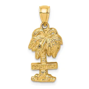14K Yellow Gold Polished Finish Flat Back 2-Dimensional ARUBA On Palm Tree Design Charm Pendant