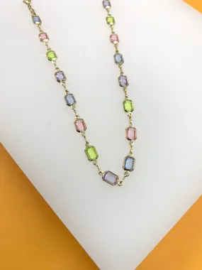 18K Gold Filled Rectangle Multicolor Stone Link Necklace (H116)(E212)(I19A)