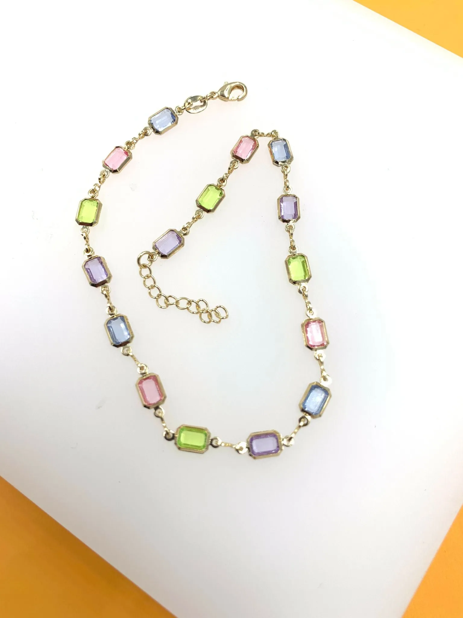 18K Gold Filled Rectangle Multicolor Stone Link Necklace (H116)(E212)(I19A)