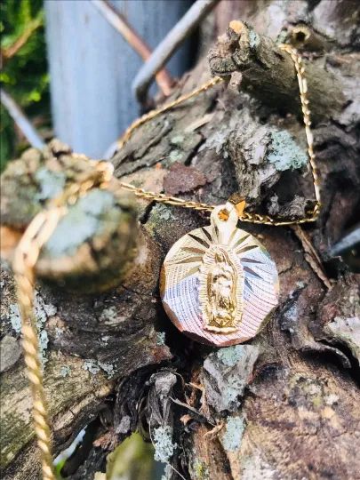 18K Gold Filled Virgen de Guadalupe Necklace Tri-Color Pendant 21x18mm 20"