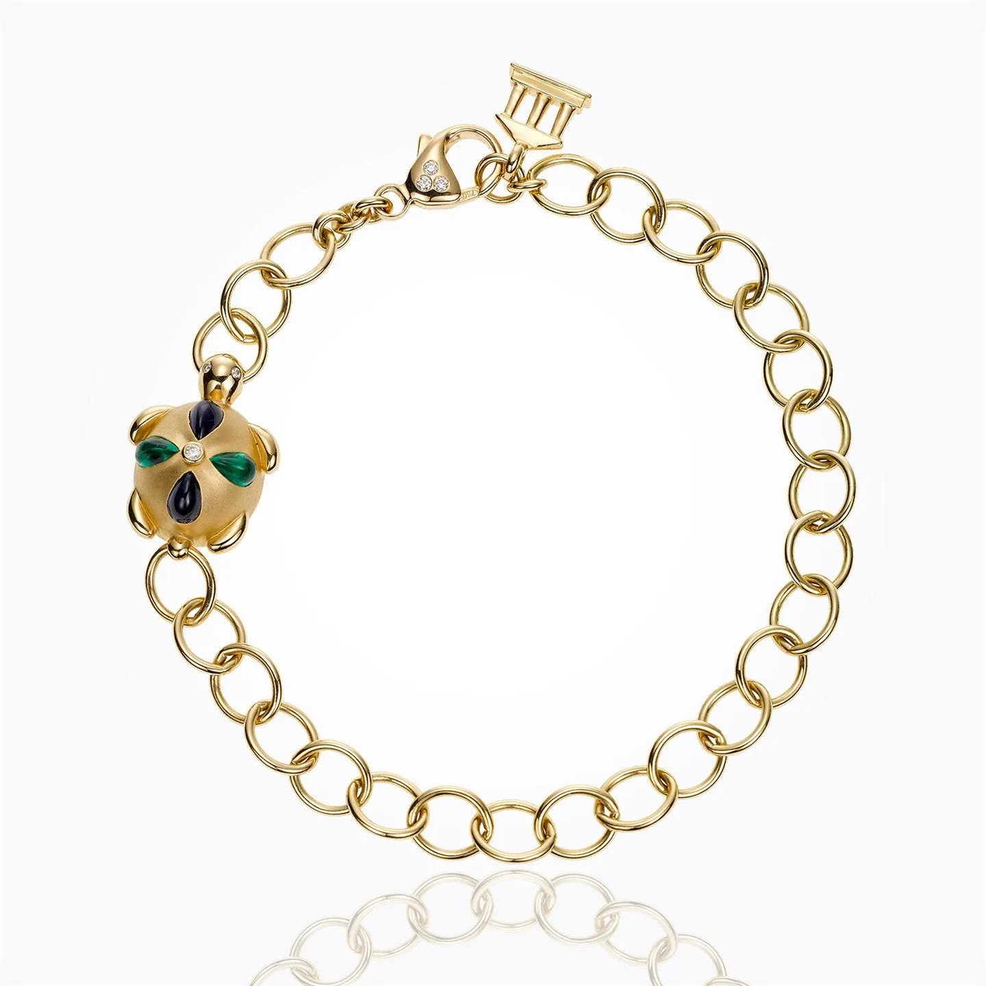 18K Turtle Oval Link Bracelet with blue sapphire, emerald and diamond