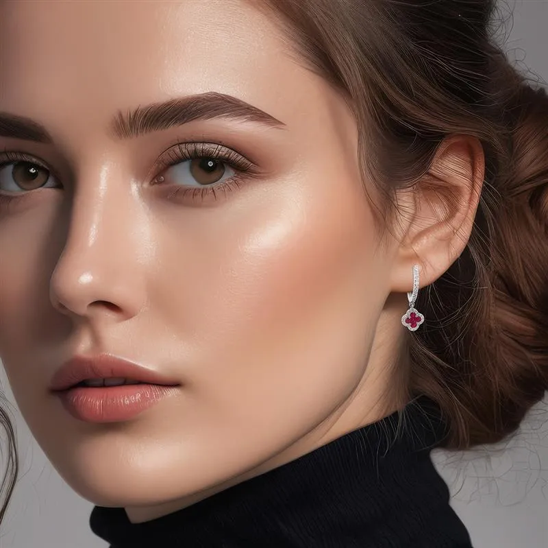 18K White Gold Ruby & Diamond Clover Hoop Earrings