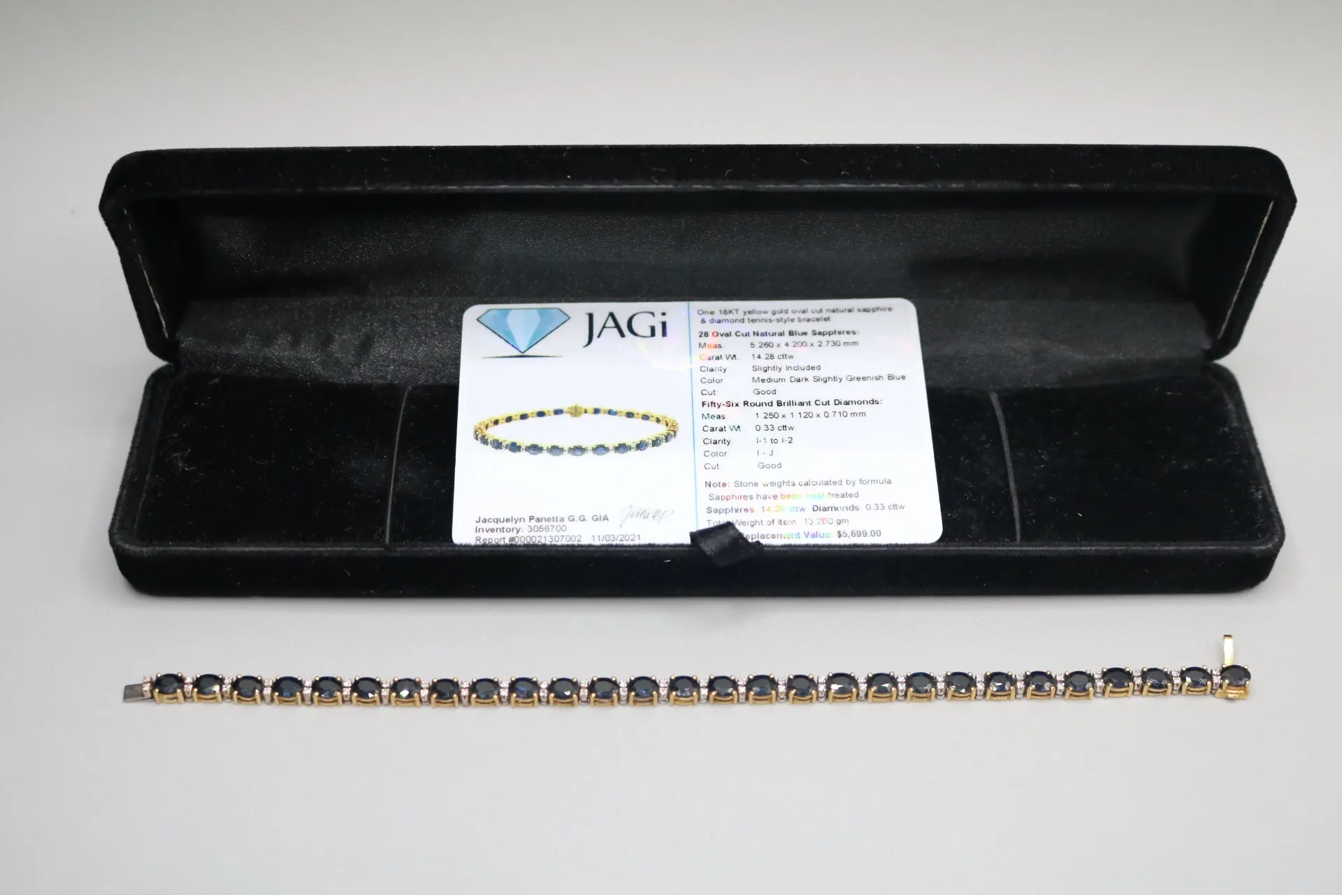 18K Yellow Gold Oval Cut Natural Sapphire and Diamond Tennis-Style Bracelet (Length 7.5 Inches) (Local Pick-Up Only)