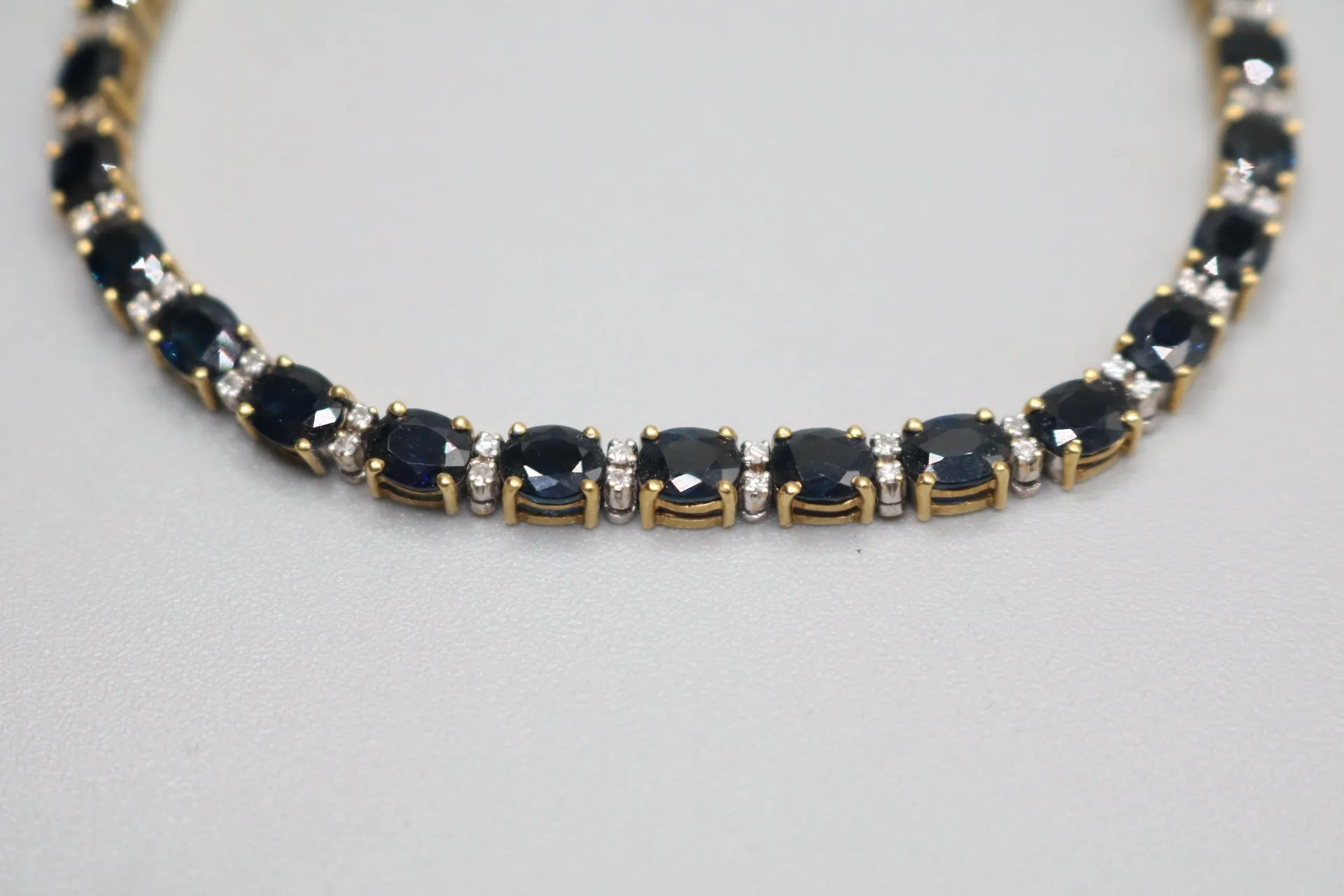 18K Yellow Gold Oval Cut Natural Sapphire and Diamond Tennis-Style Bracelet (Length 7.5 Inches) (Local Pick-Up Only)