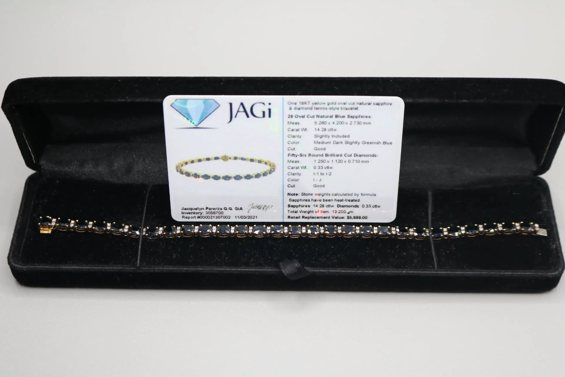 18K Yellow Gold Oval Cut Natural Sapphire and Diamond Tennis-Style Bracelet (Length 7.5 Inches) (Local Pick-Up Only)