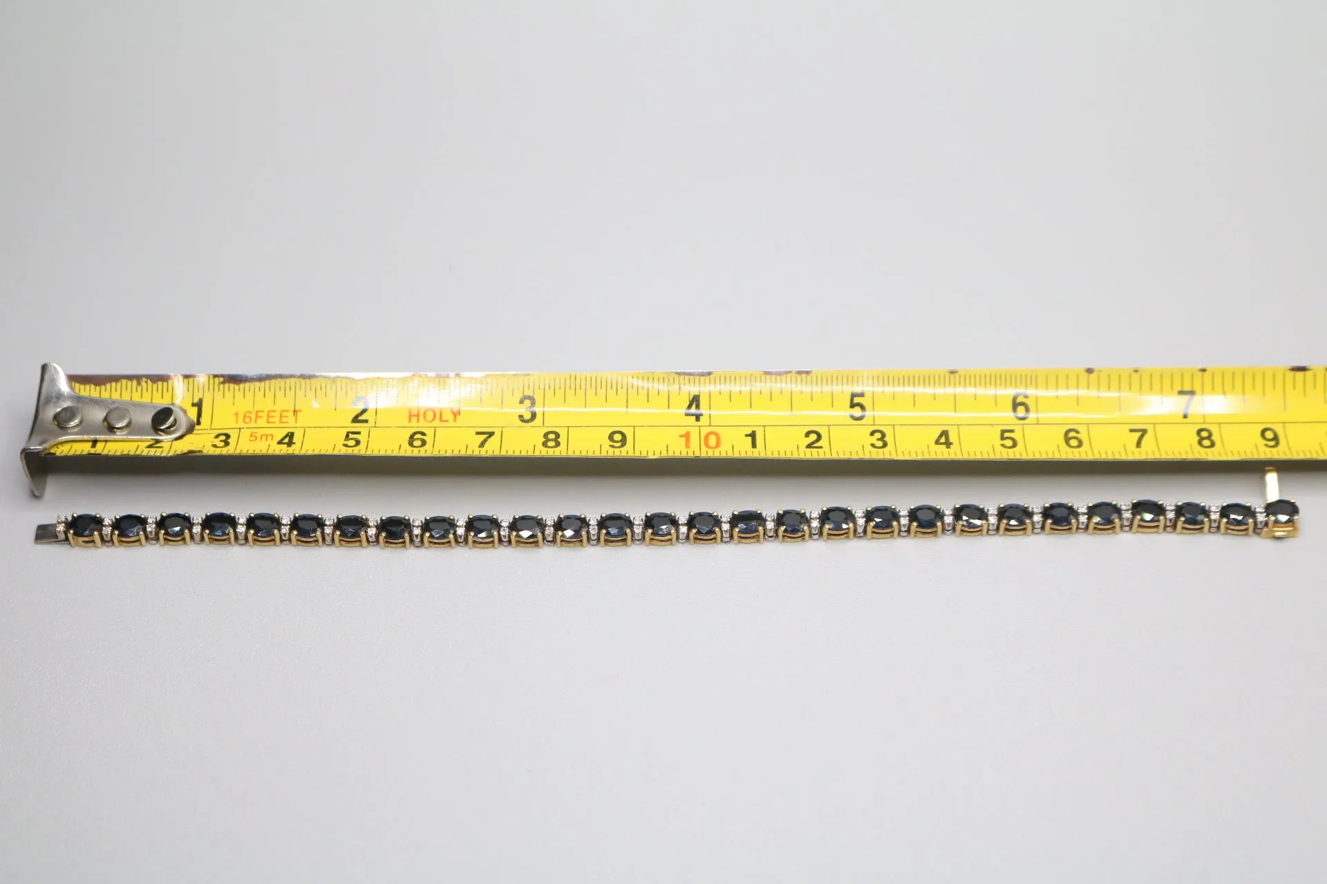 18K Yellow Gold Oval Cut Natural Sapphire and Diamond Tennis-Style Bracelet (Length 7.5 Inches) (Local Pick-Up Only)