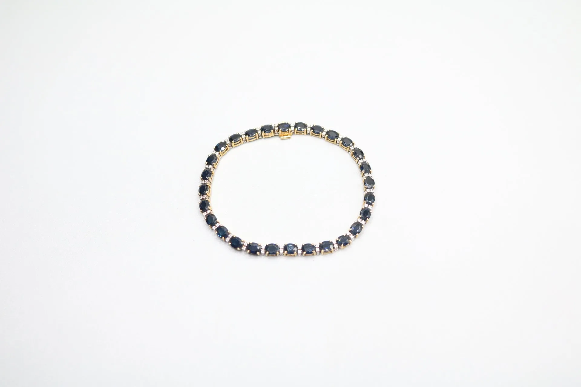 18K Yellow Gold Oval Cut Natural Sapphire and Diamond Tennis-Style Bracelet (Length 7.5 Inches) (Local Pick-Up Only)