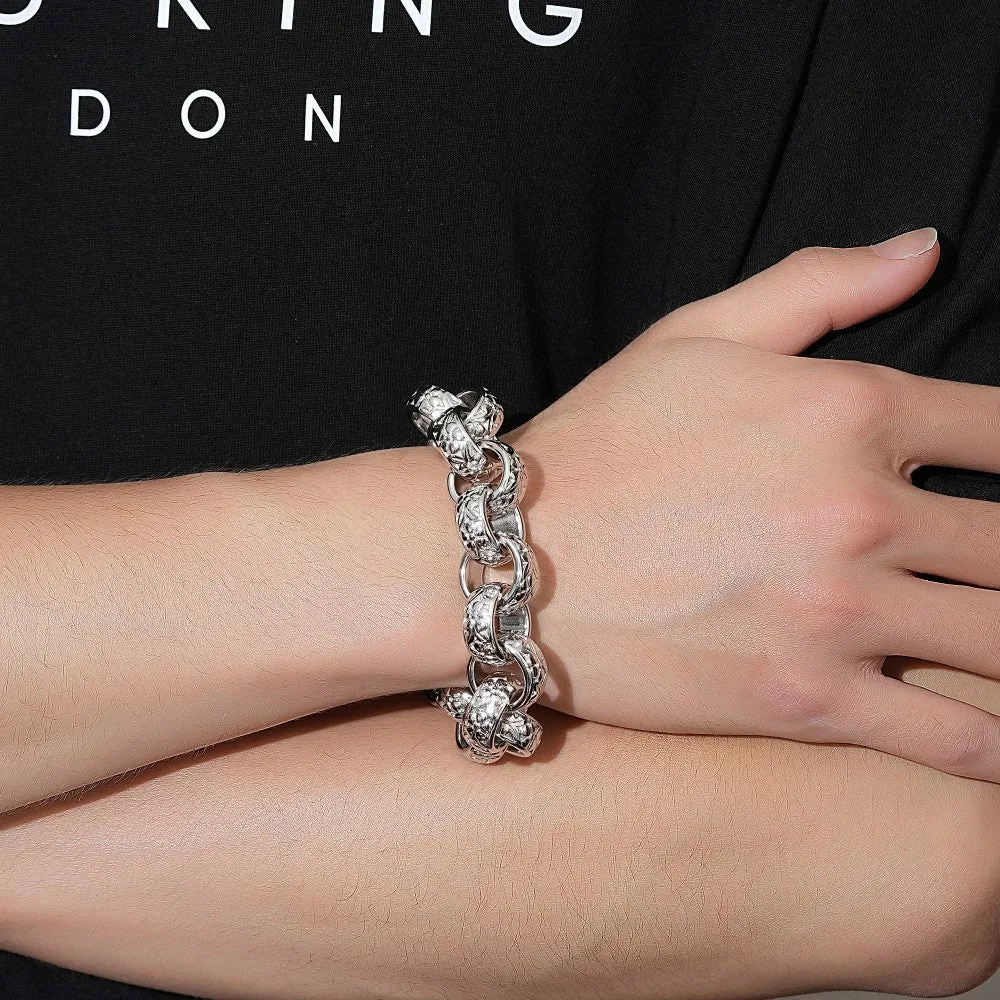 20mm Silver Ornate Belcher Bracelet Albert Clasp 7.5/8 Inch