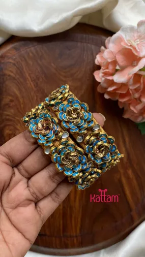 3D Kundan Rose Bangle Set - Skyblue