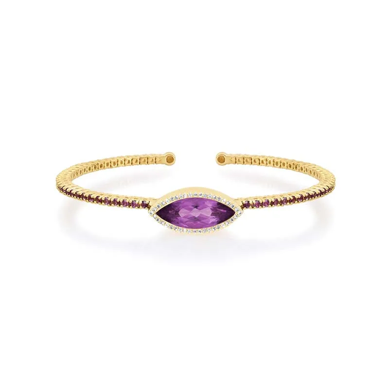 4-Prong Amethyst Tennis Cuff with Amethyst and Diamond Marquise Accent