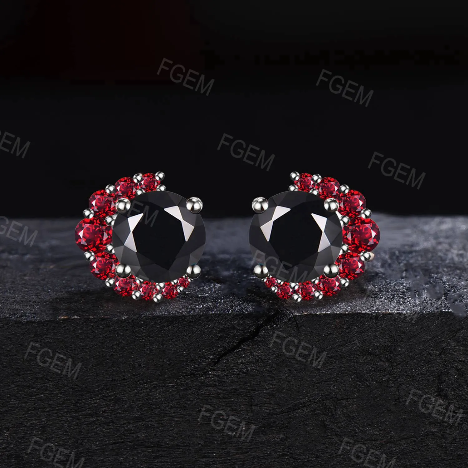 5mm Round Cut Natural Black Onyx Stud Earrings Unique Cluster Ruby Earrings Black Gemstone Wedding Earring Flower Earrings Proposal Gifts