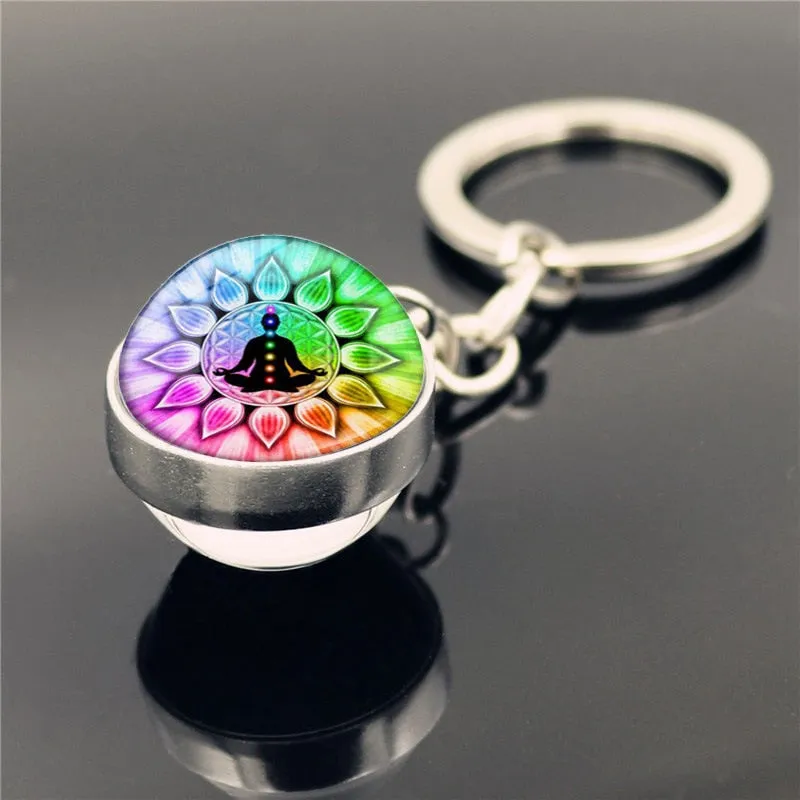 7 Chakra Yoga Meditation Glass Ball Key Chain Chakra Reiki Healing Silver Color Keychain