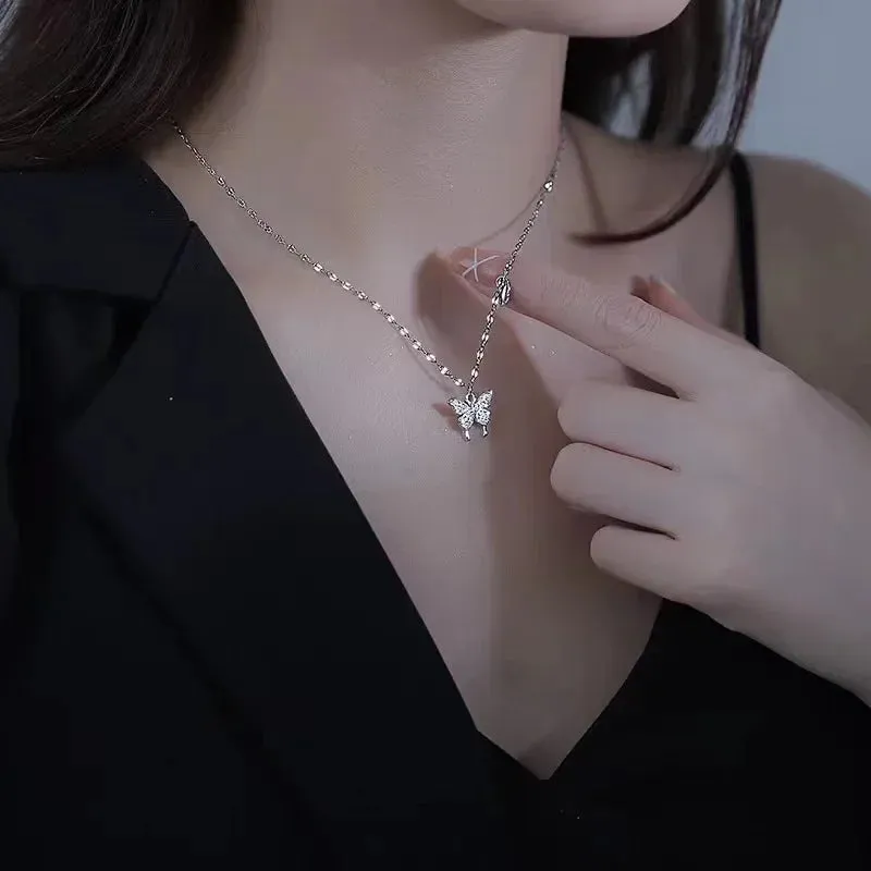 925 Sterling Silver Butterfly Necklace for Women Summer Versatile Luxury Necklace New Fashion Jewelry Crystal Pendant Necklace