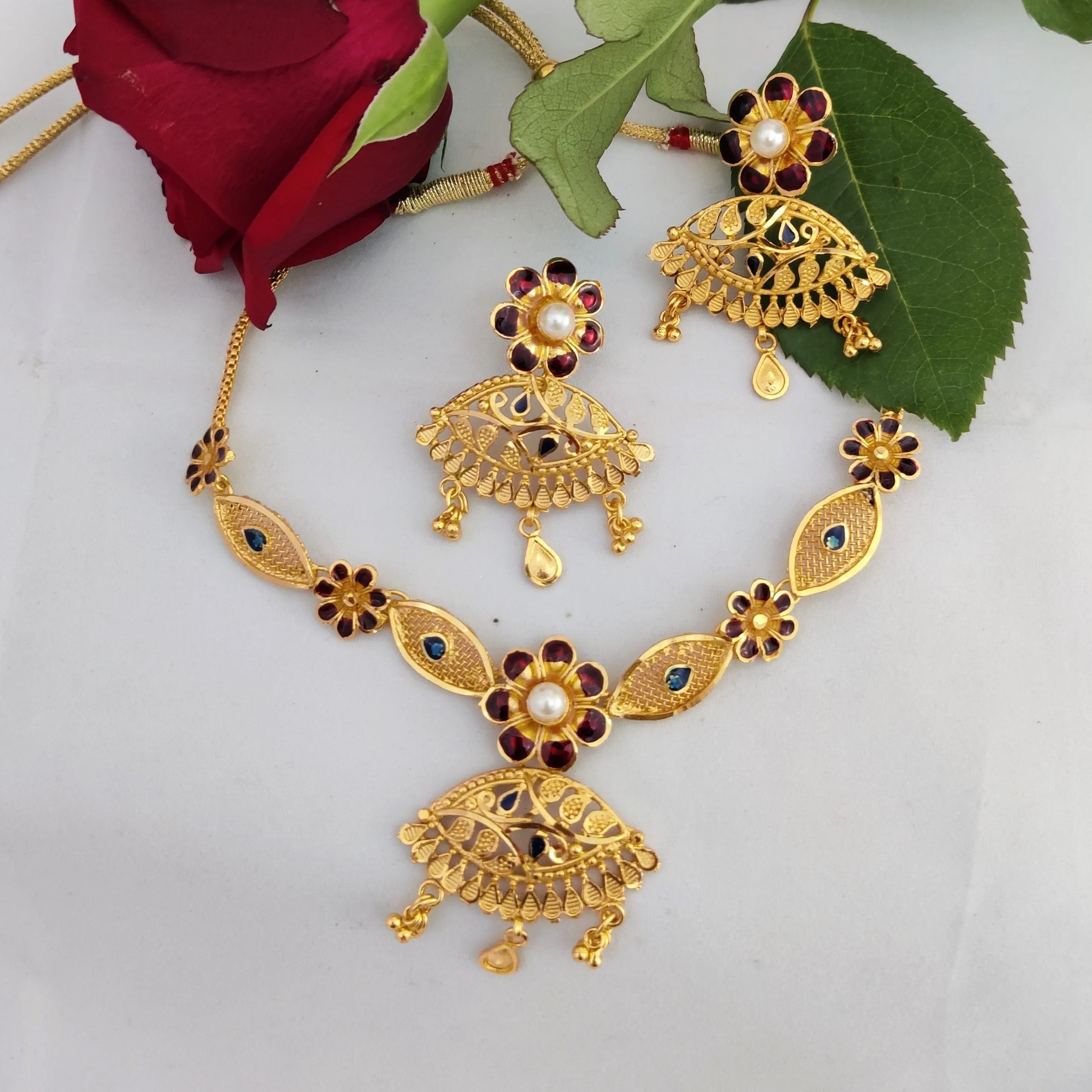 Aankhi - Minakari Flower Motif Necklace Set