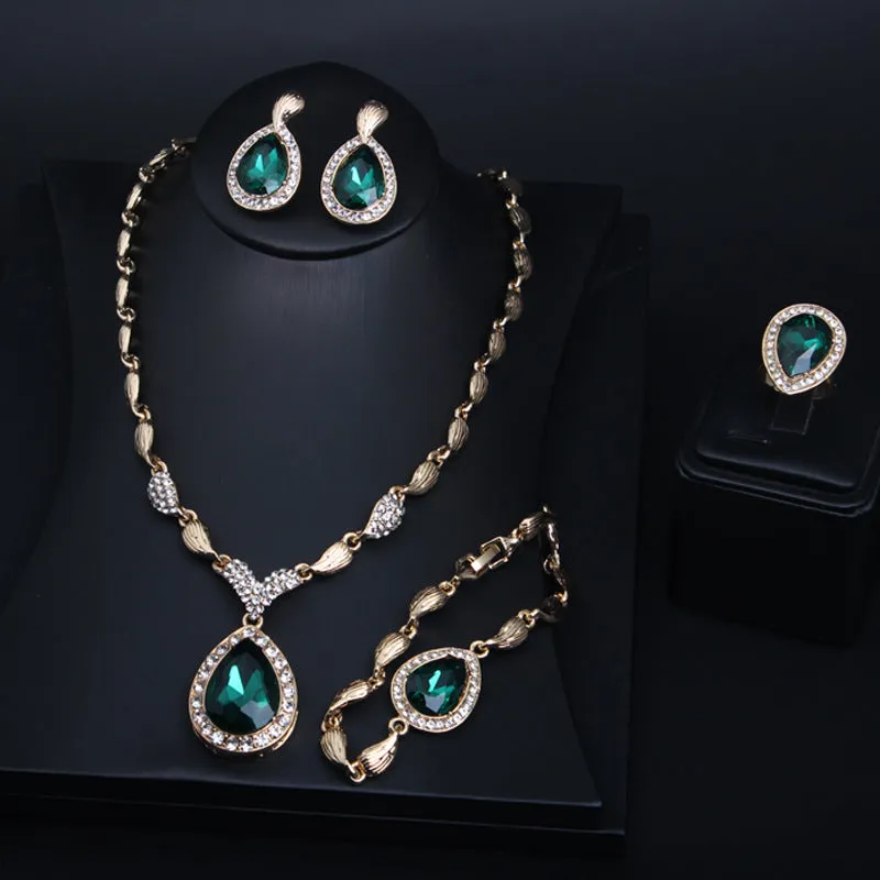 American alloy necklace four-piece set water drop gemstone clavicle chain bridal banquet female jewelry
