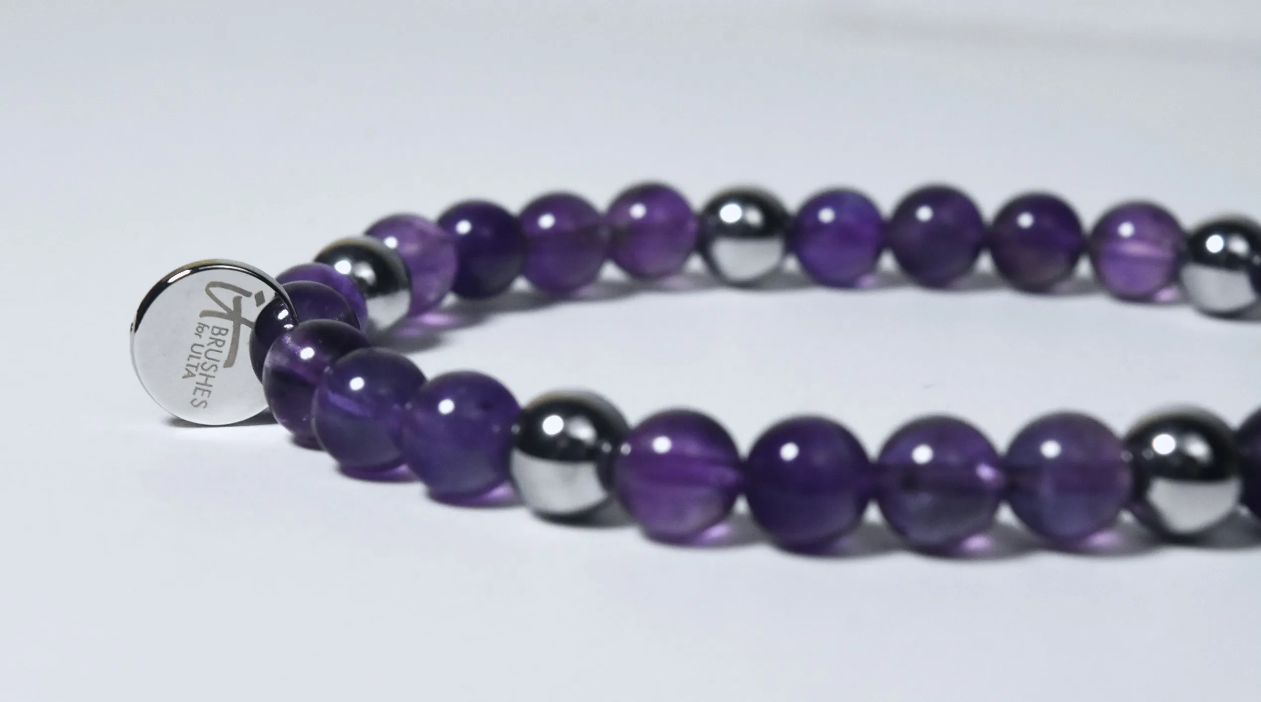 Amethyst and Silver Tone Bead Stretch Bracelet
