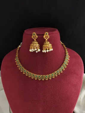 Antique Floral Design Necklace with Jhumki - Green & Red, Red & White Combinations