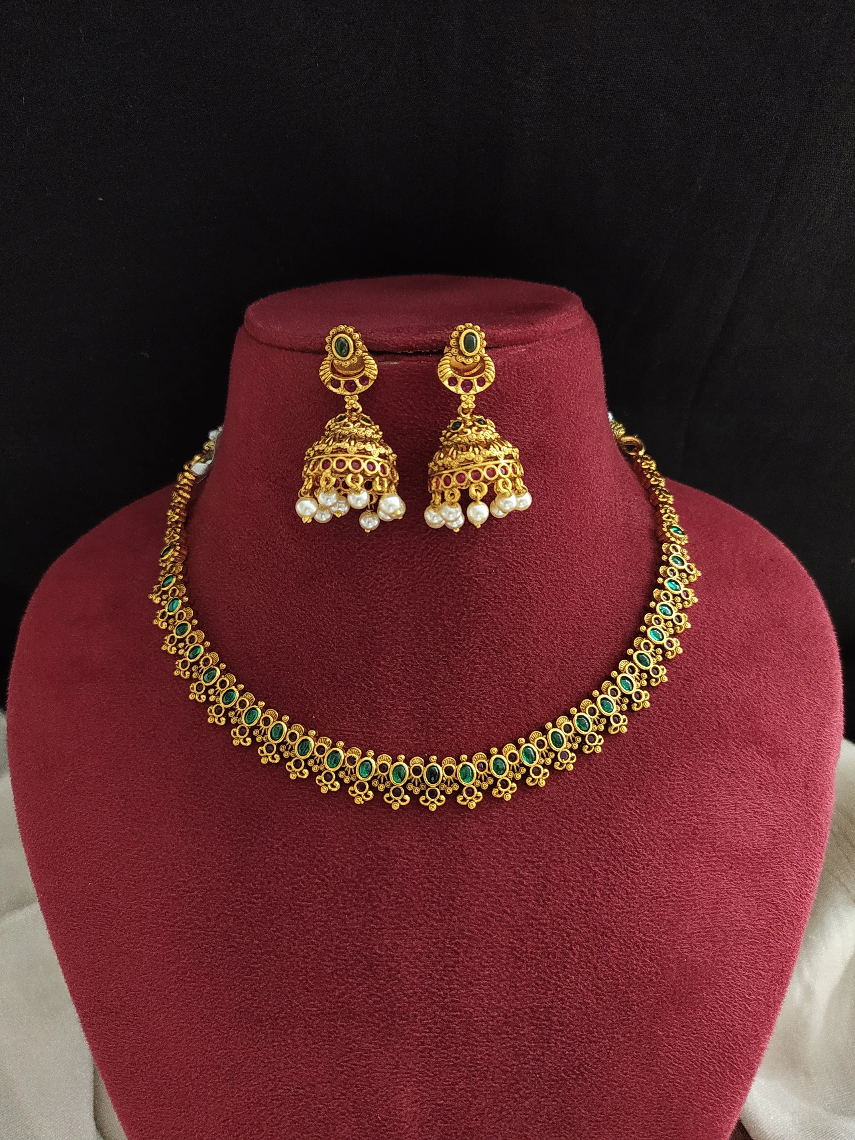 Antique Floral Design Necklace with Jhumki - Green & Red, Red & White Combinations