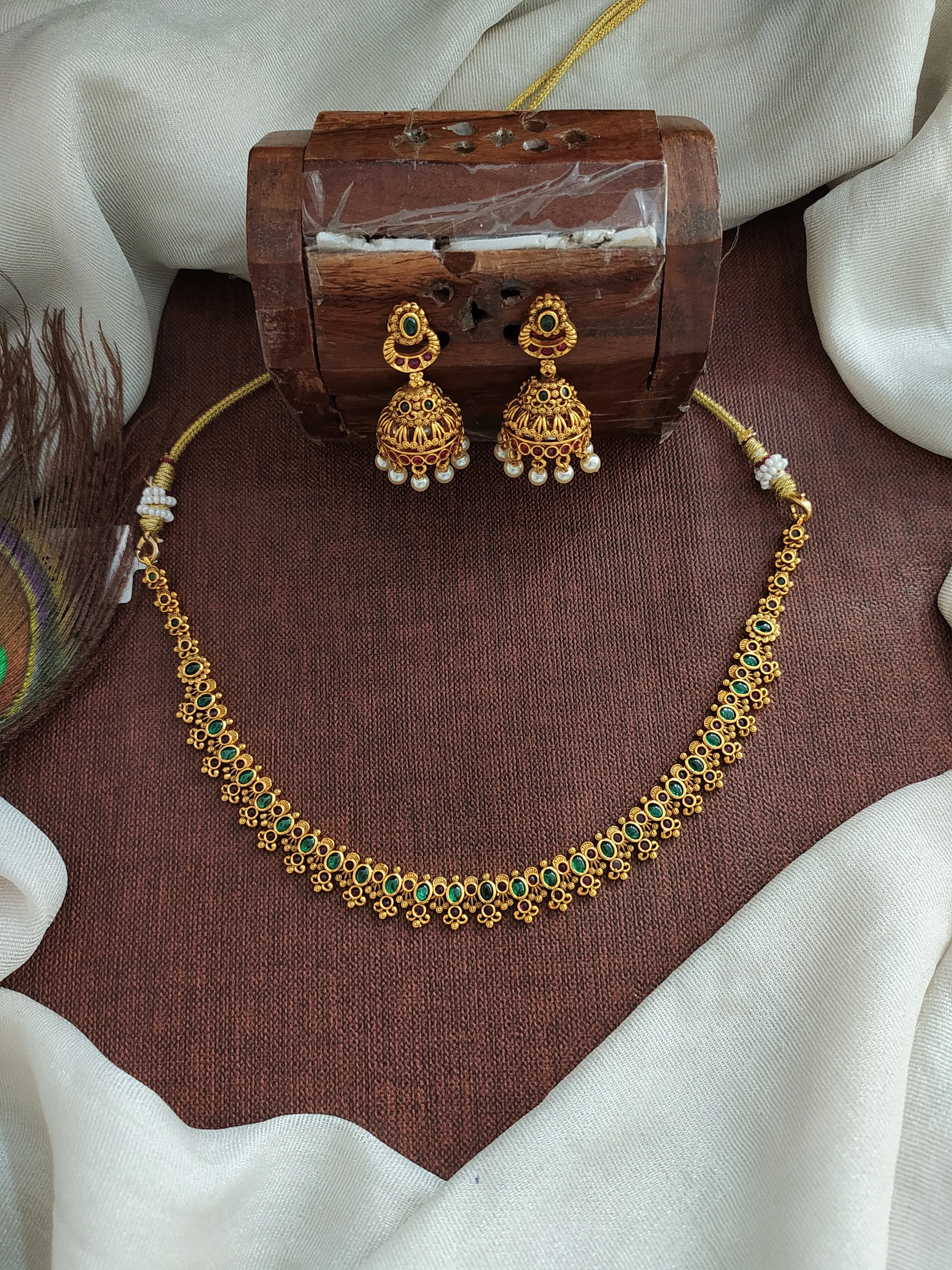 Antique Floral Design Necklace with Jhumki - Green & Red, Red & White Combinations