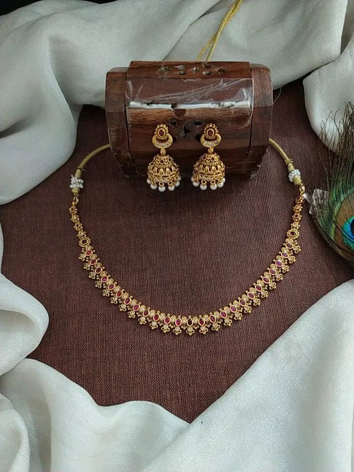 Antique Floral Design Necklace with Jhumki - Green & Red, Red & White Combinations