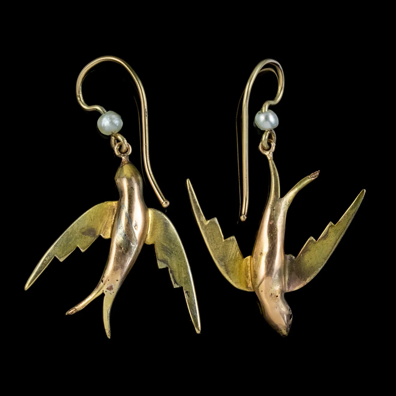 Antique Victorian Swallow Earrings Pearl Ruby 9Ct Gold Circa 1900
