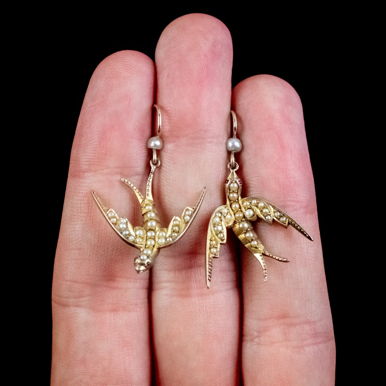 Antique Victorian Swallow Earrings Pearl Ruby 9Ct Gold Circa 1900