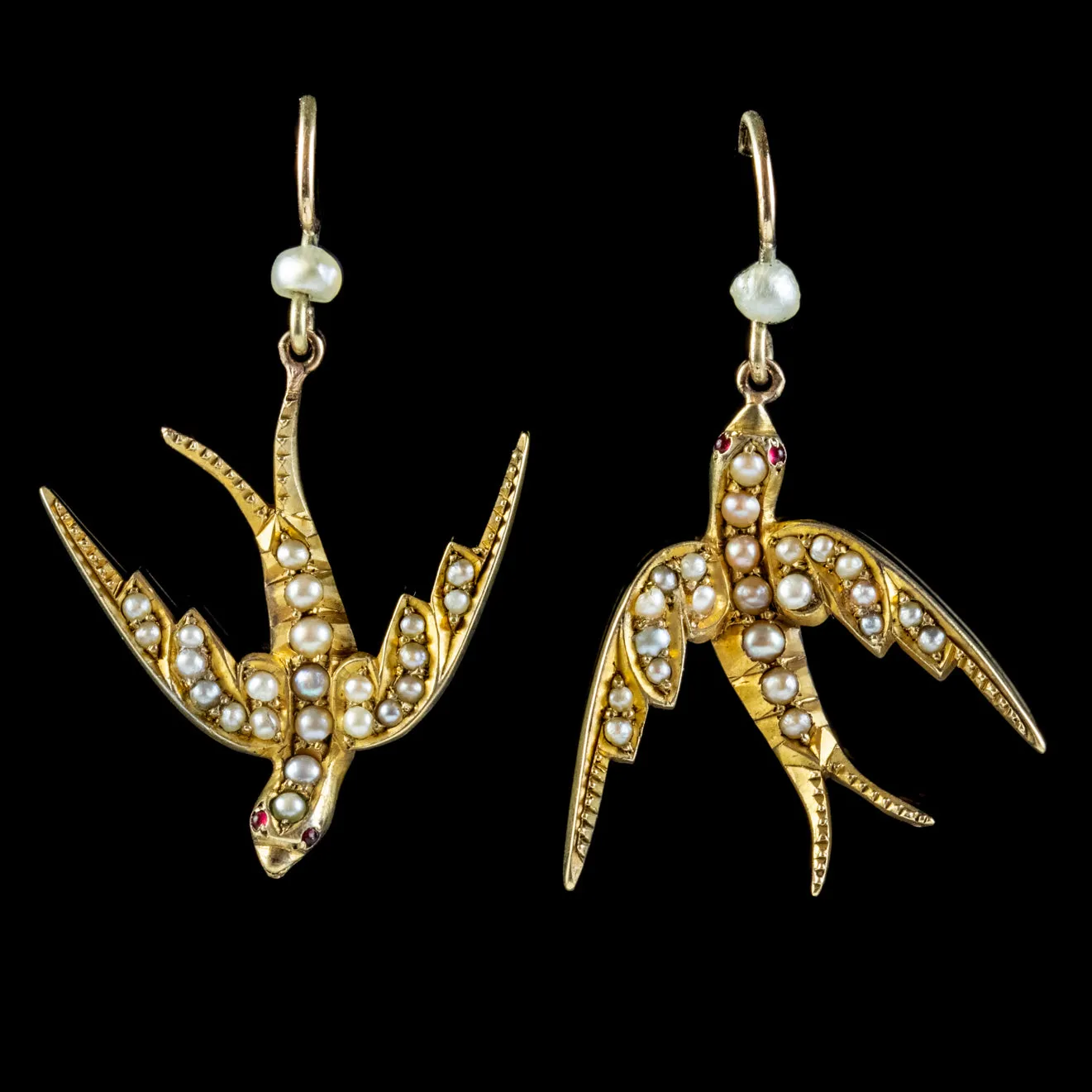 Antique Victorian Swallow Earrings Pearl Ruby 9Ct Gold Circa 1900