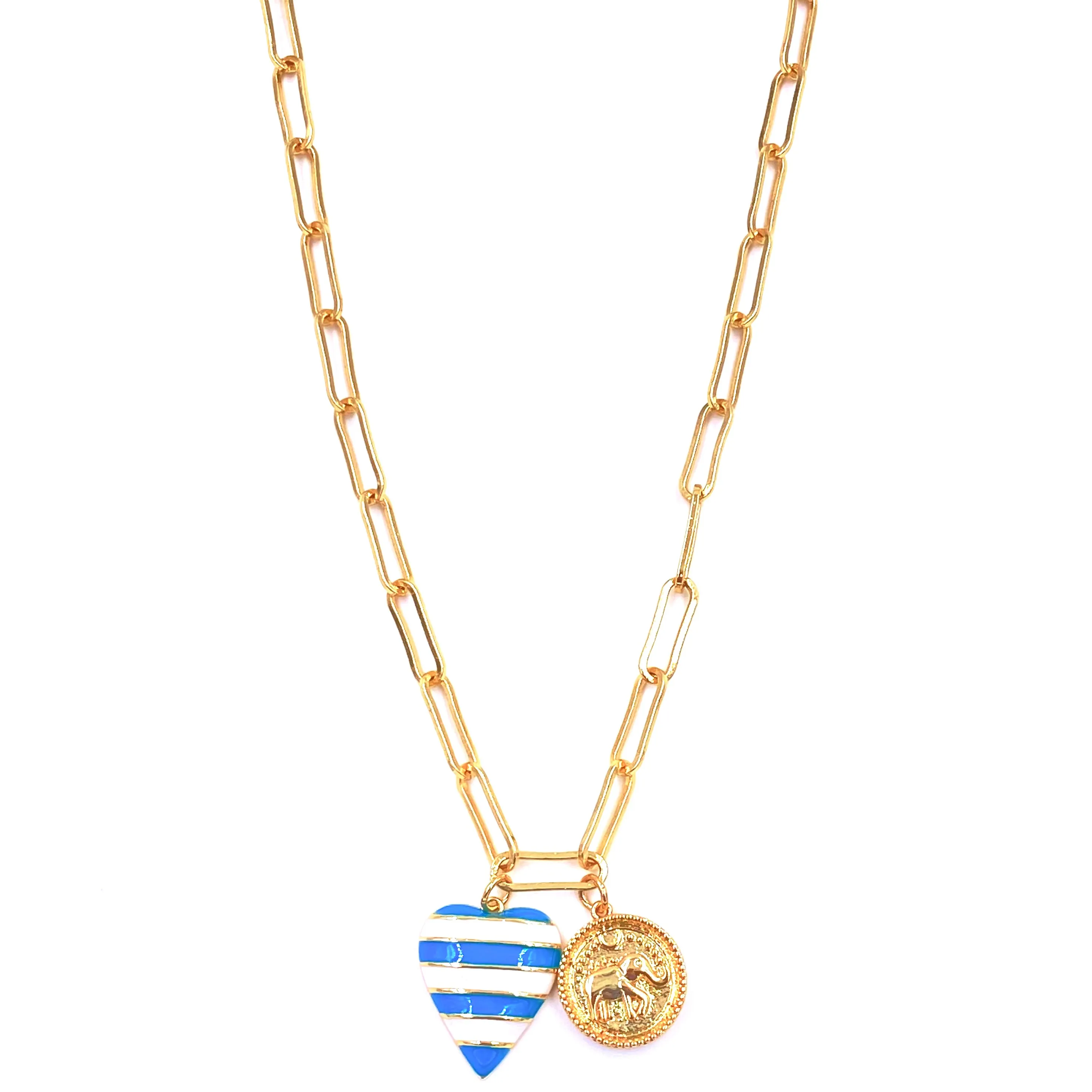 Ashley Gold Stainless Steel Gold Plated Enamel Blue And White Striped Heart And Elephant Coin Charm Necklace