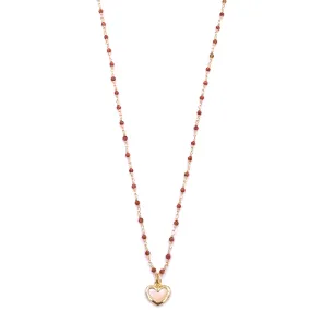 Ashley Gold Stainless Steel Gold Plated Semi Precious Red Beads With White Enamel Heart Pendant Necklace