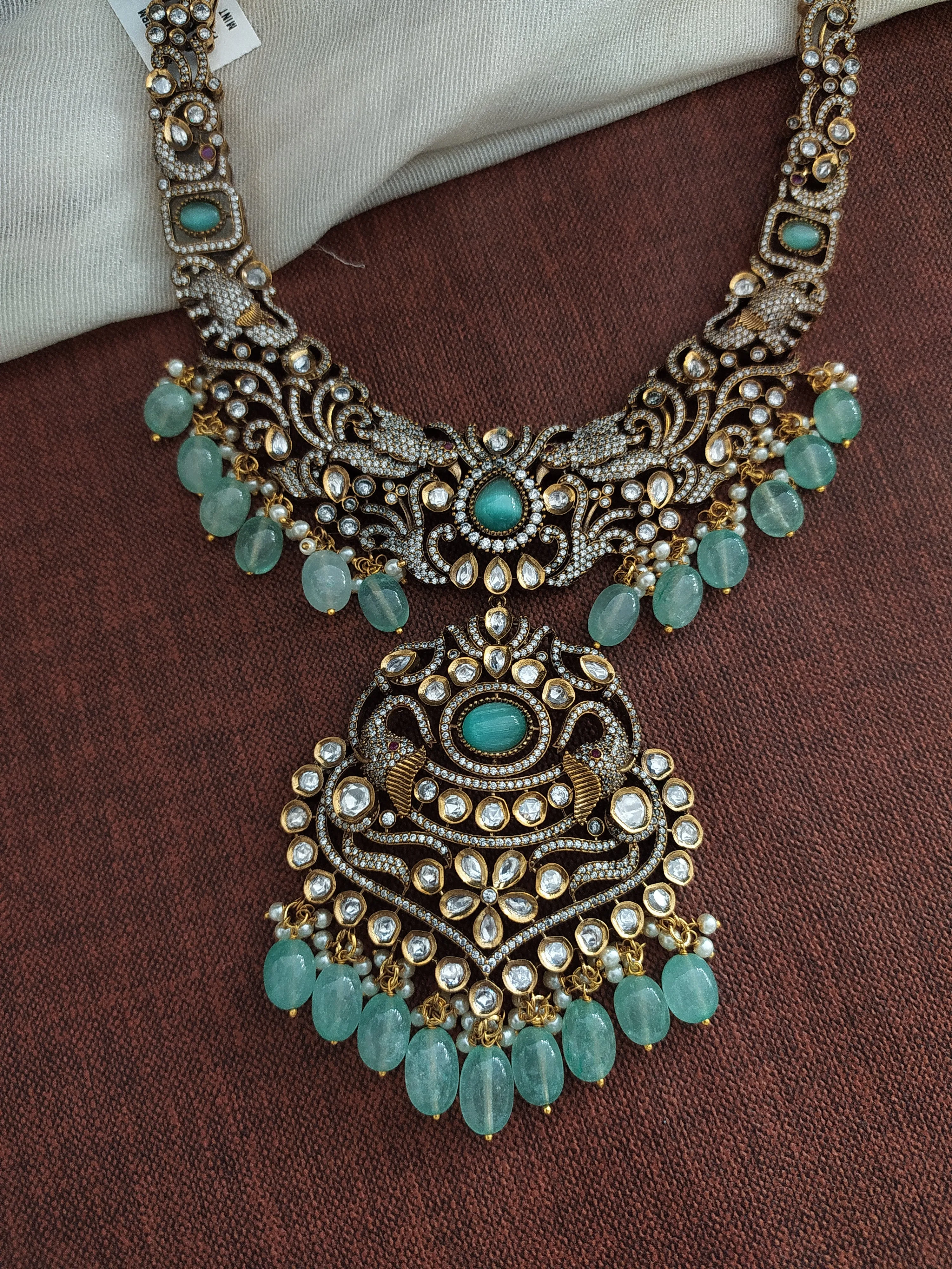 Beautiful Long Set In Victorian Style With Monzonite Stones And Onyx Beads