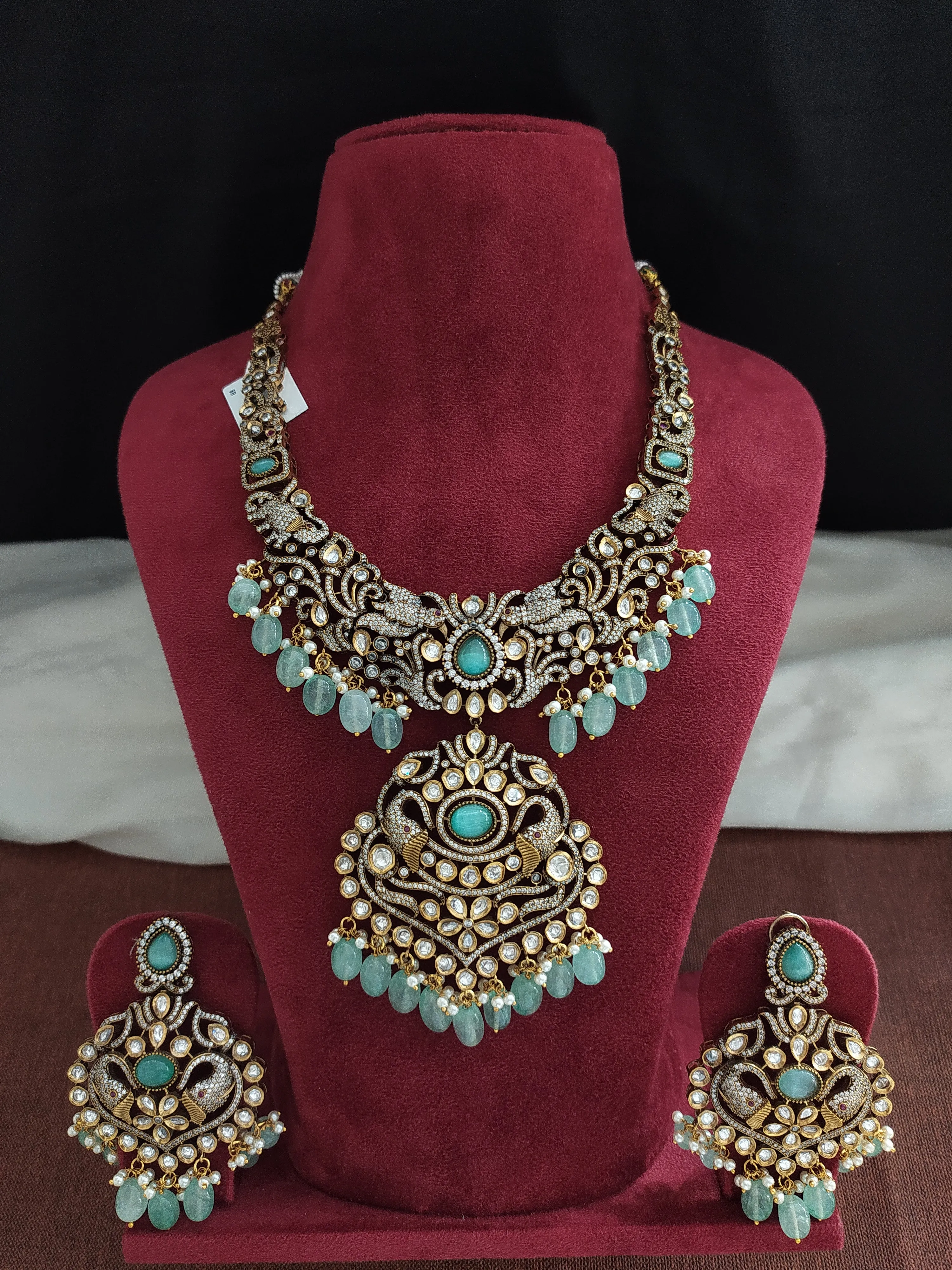 Beautiful Long Set In Victorian Style With Monzonite Stones And Onyx Beads