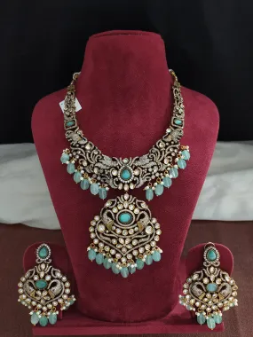 Beautiful Long Set In Victorian Style With Monzonite Stones And Onyx Beads