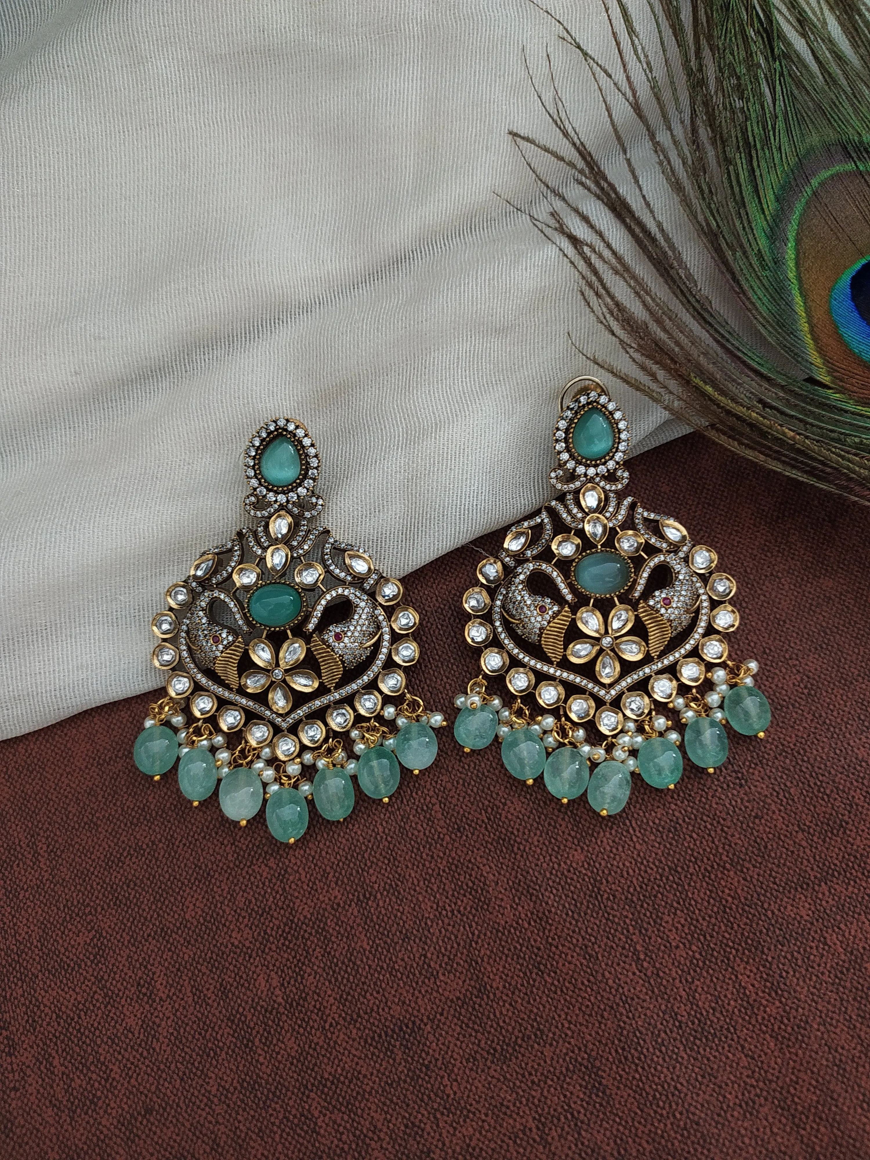 Beautiful Long Set In Victorian Style With Monzonite Stones And Onyx Beads