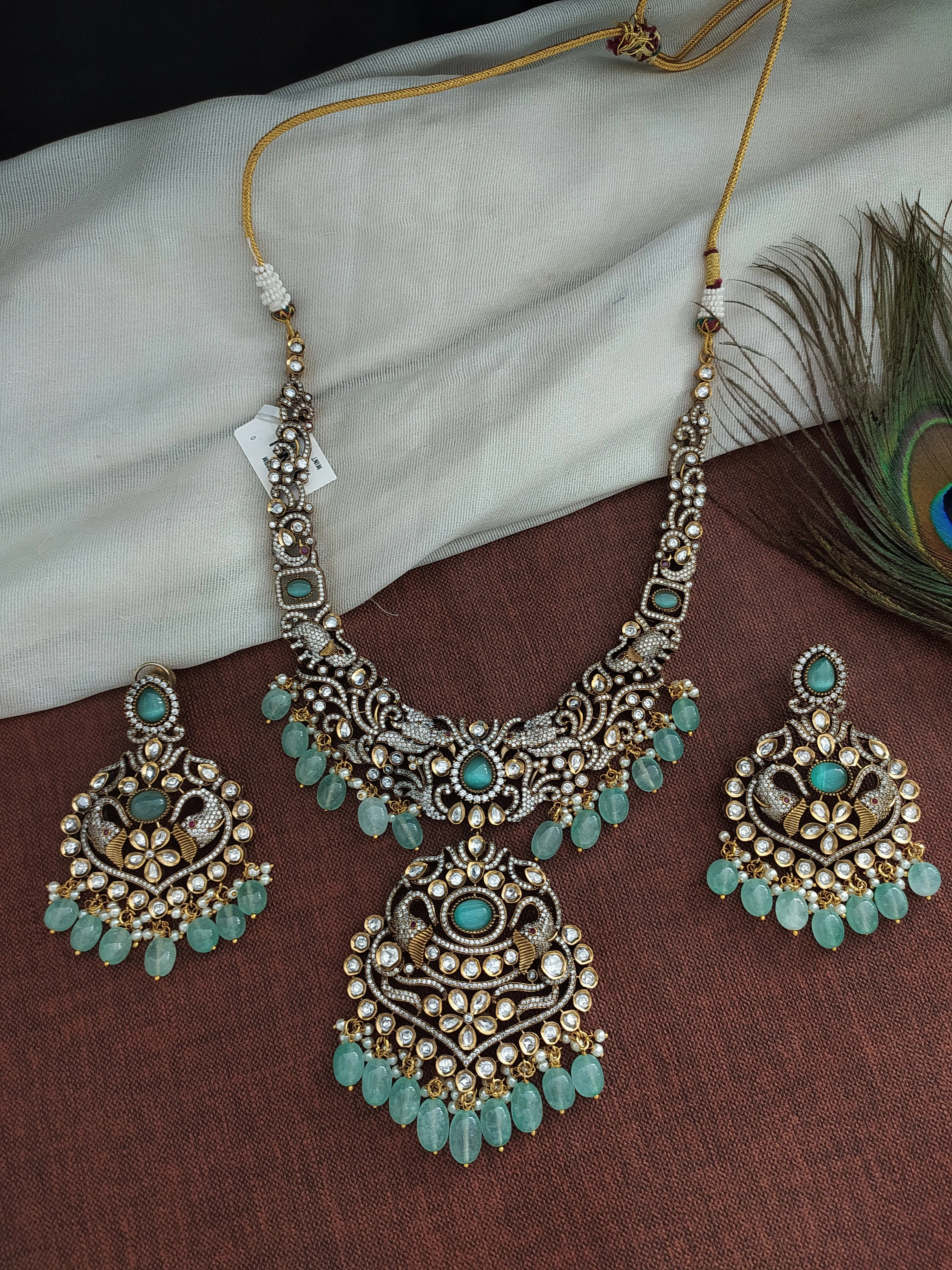 Beautiful Long Set In Victorian Style With Monzonite Stones And Onyx Beads