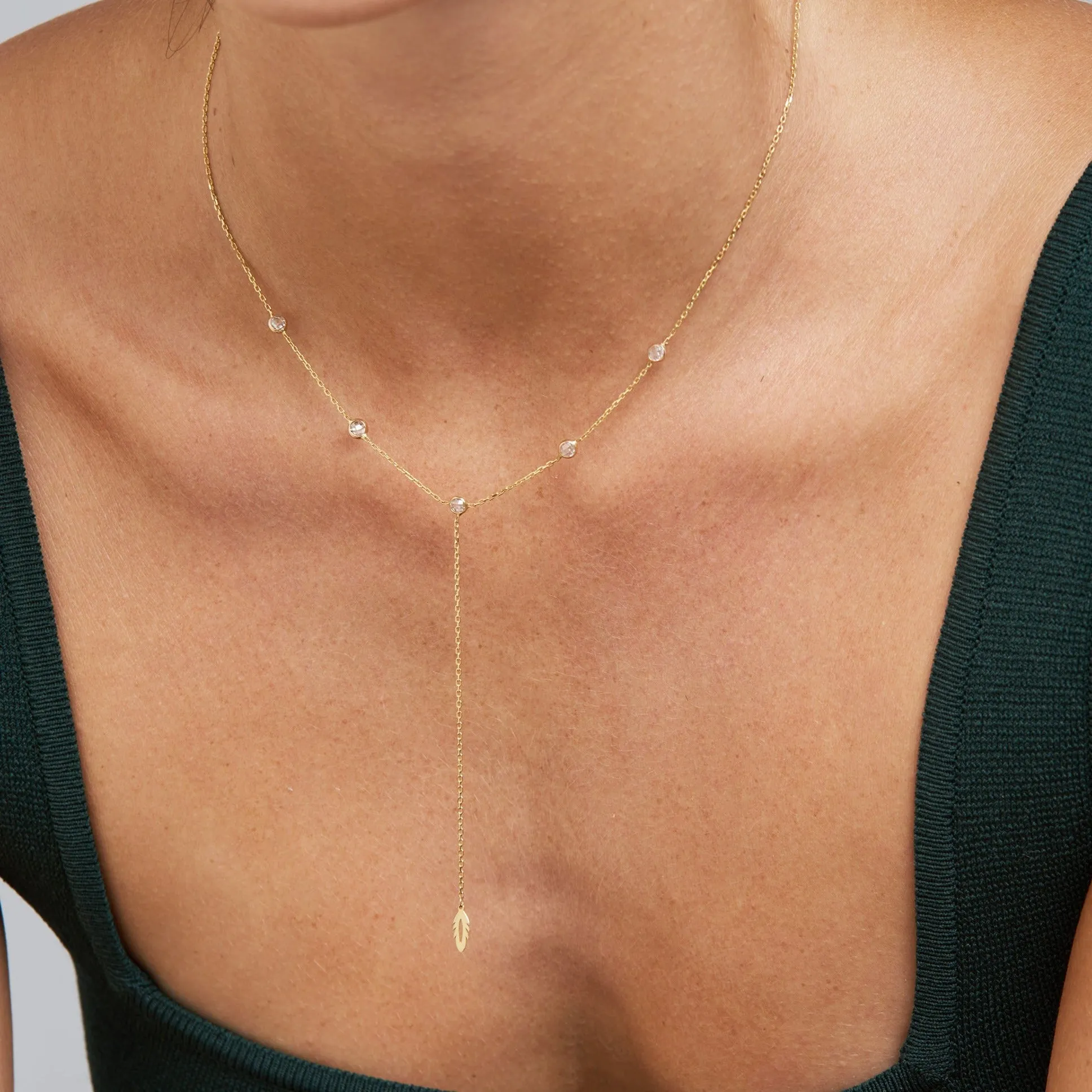 Bezel - Set Stone Feather Y Necklace - 14 karat gold necklace, zirconia stones