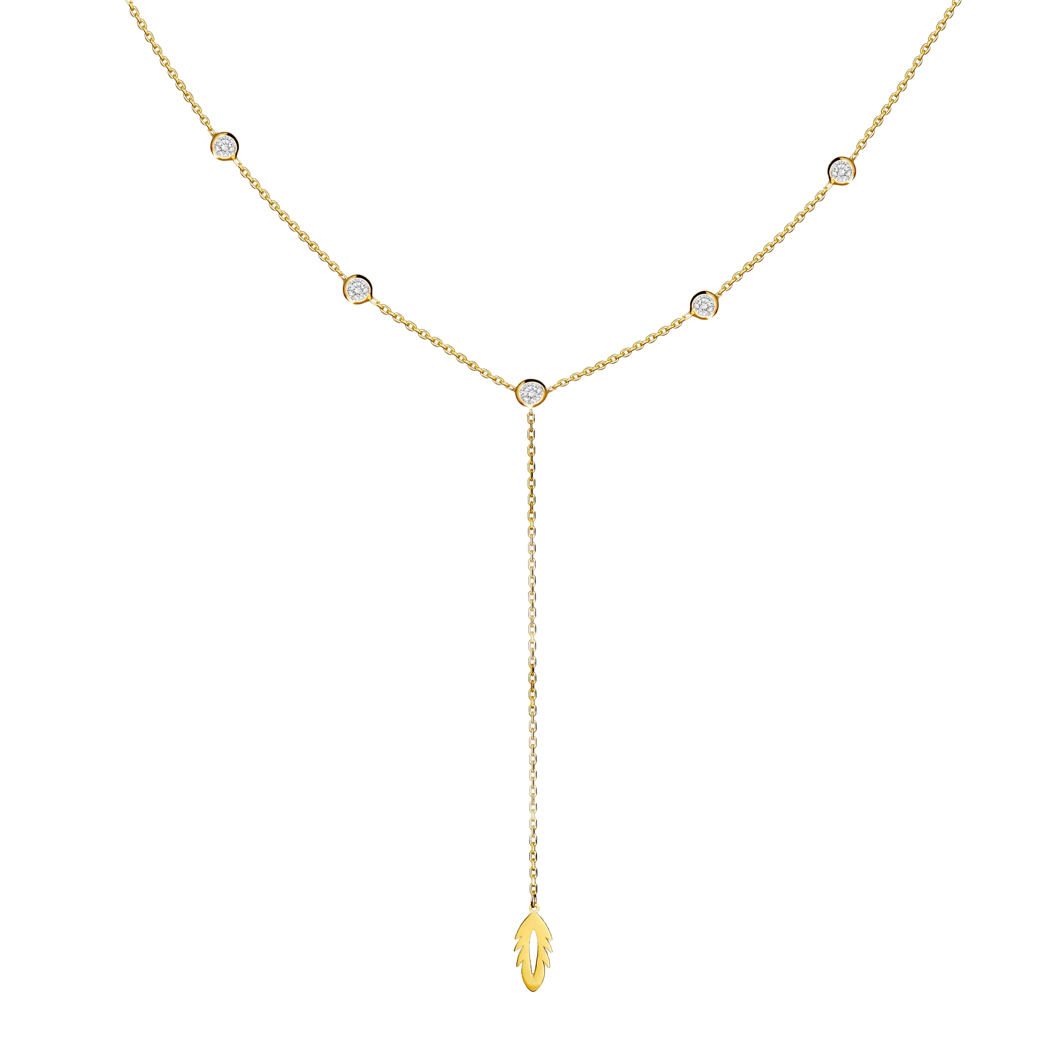 Bezel - Set Stone Feather Y Necklace - 14 karat gold necklace, zirconia stones