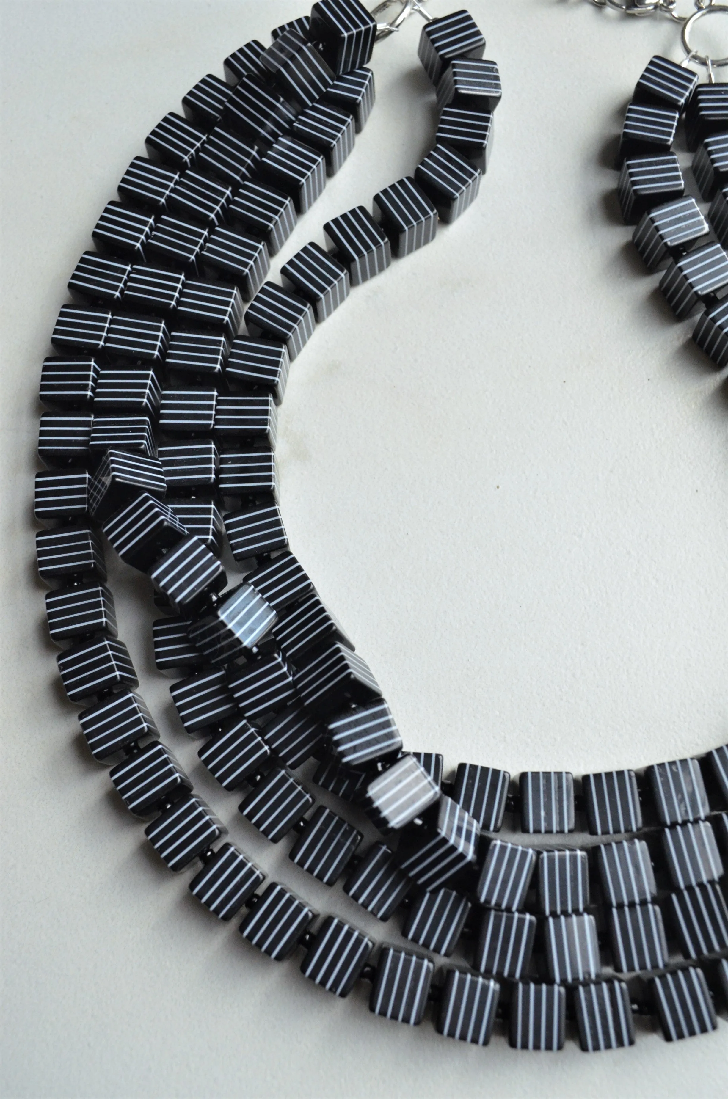 Black White Stripe Cube Bead Multi Strand Chunky Statement Necklace - Amanda