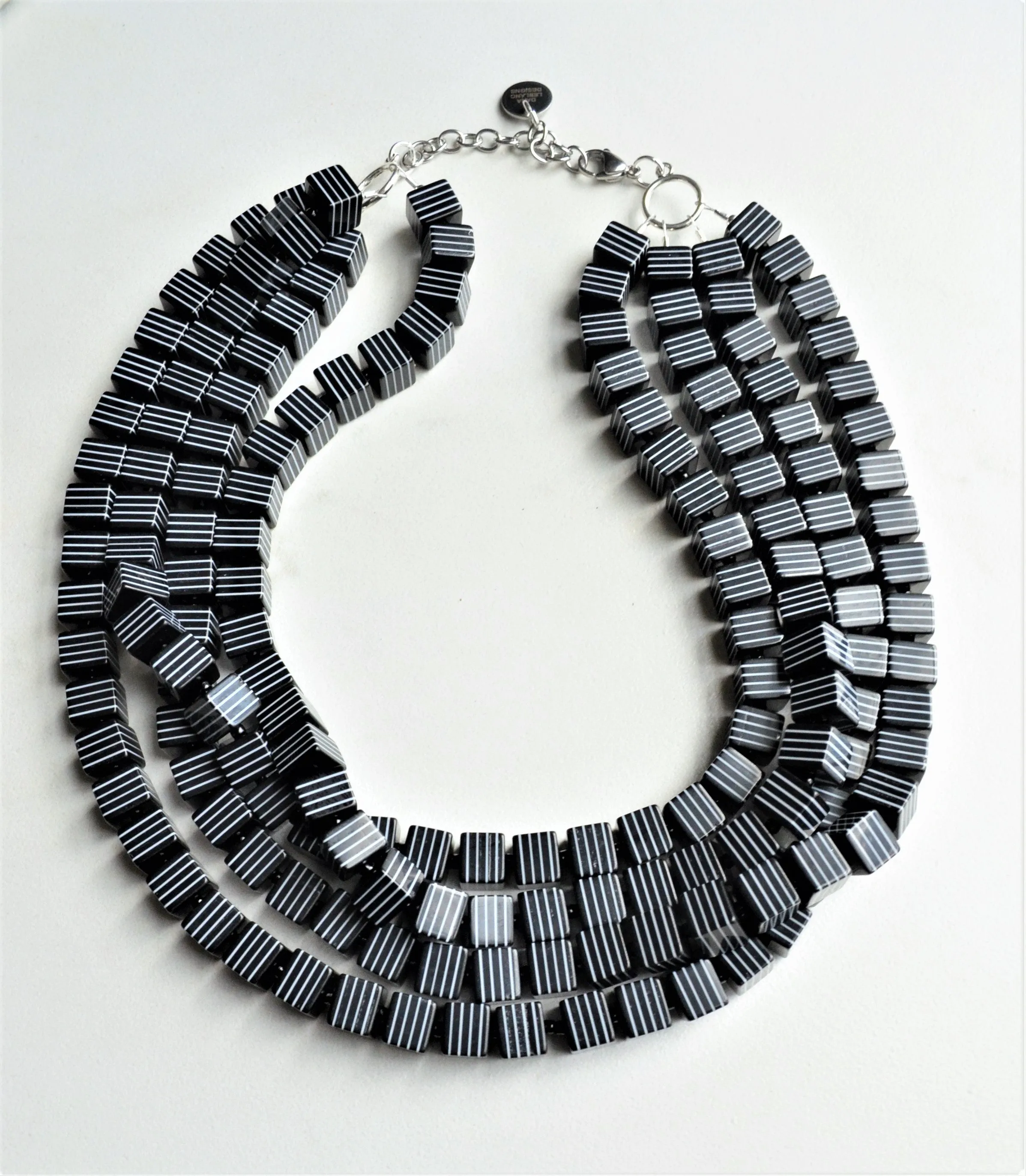 Black White Stripe Cube Bead Multi Strand Chunky Statement Necklace - Amanda