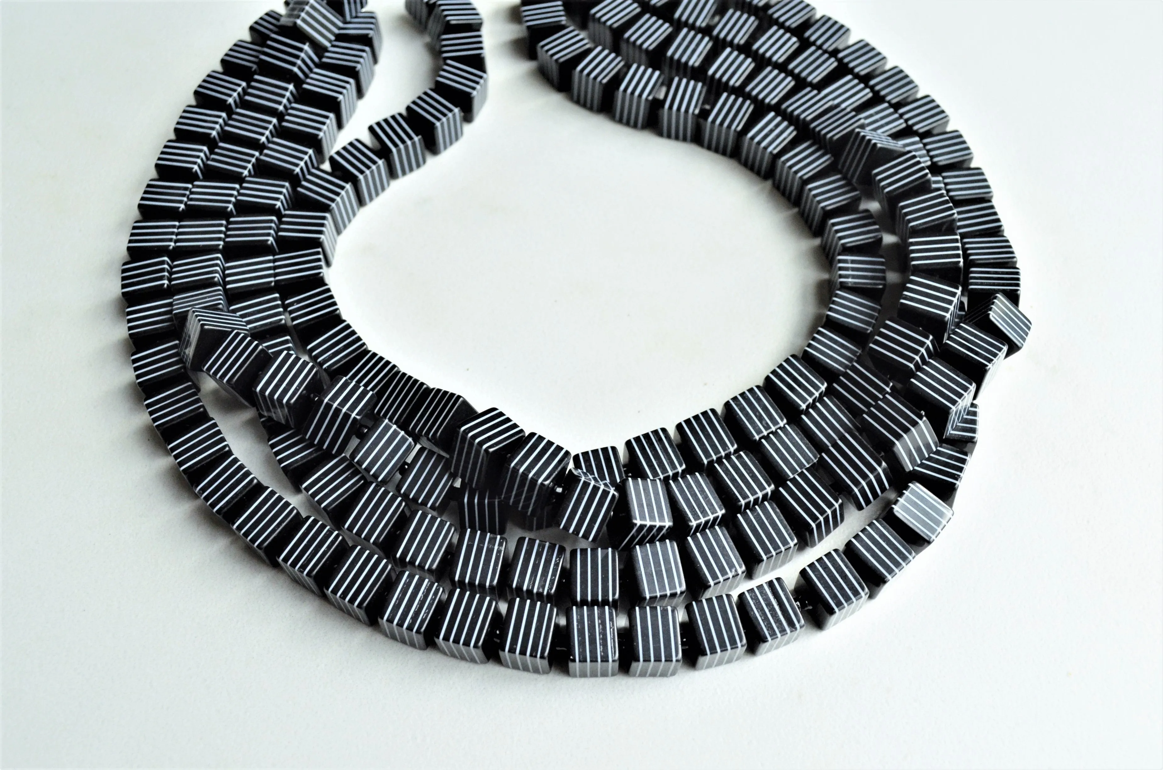 Black White Stripe Cube Bead Multi Strand Chunky Statement Necklace - Amanda