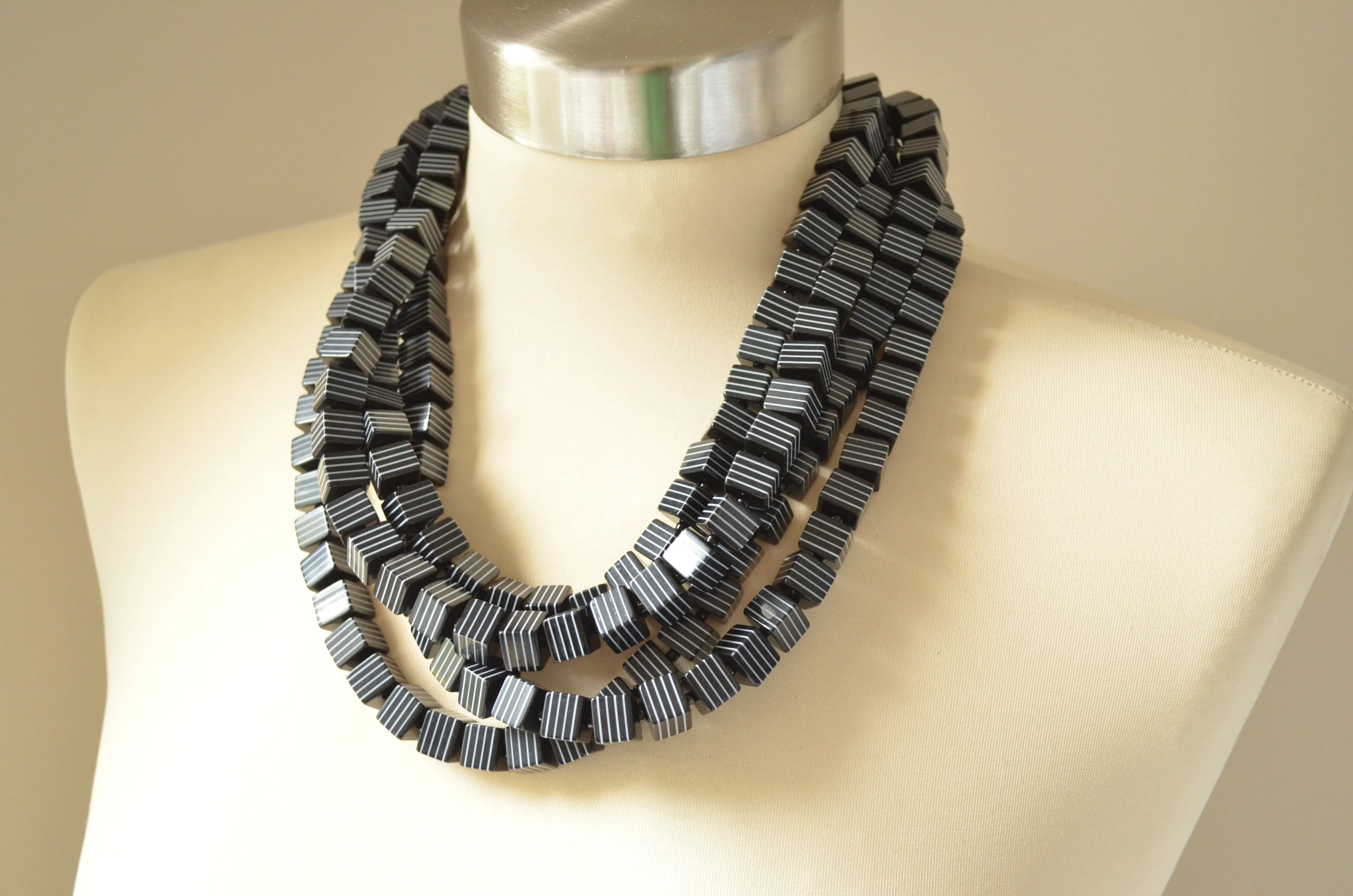 Black White Stripe Cube Bead Multi Strand Chunky Statement Necklace - Amanda